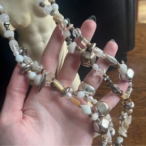 Vintage LONG Chunky Cream White & Silver Shell Crystal Resin Beaded Necklace B2